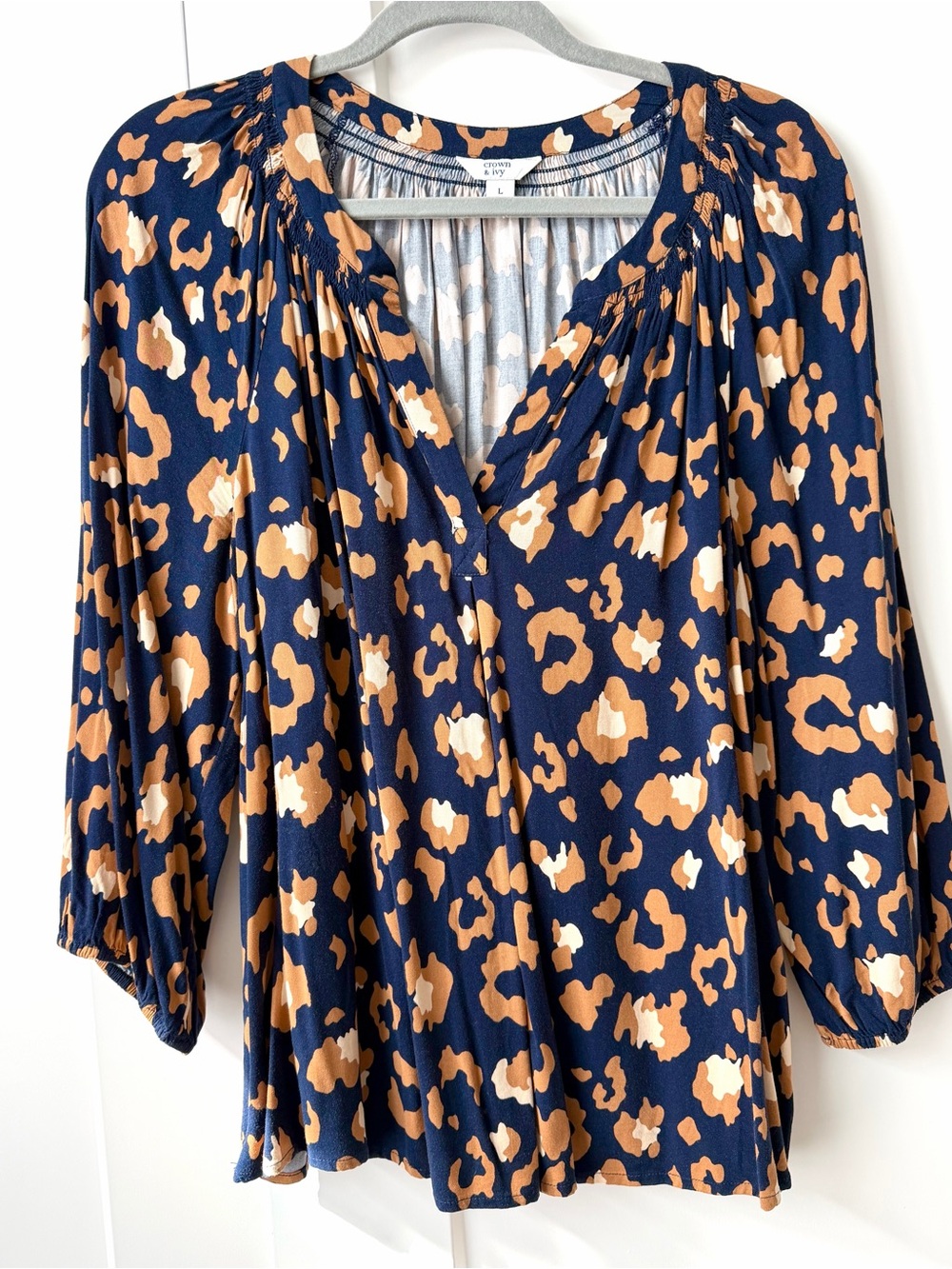 Navy & Tan Animal Print Blouse